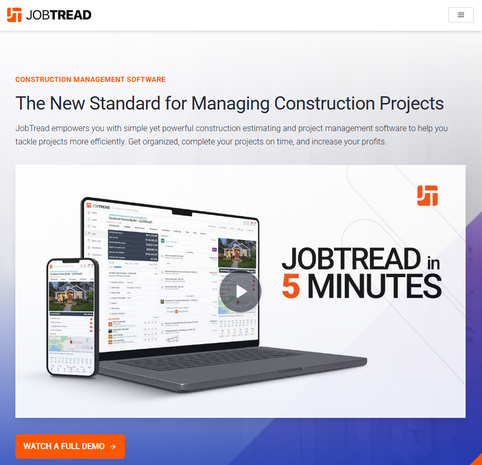 JobTread homepage highlighting construction project management software with estimating tools and cross-device interface preview.