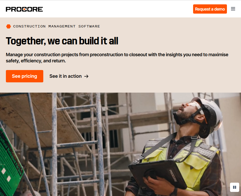 Procore homepage featuring a construction management platform with safety, efficiency, and project lifecycle tools.