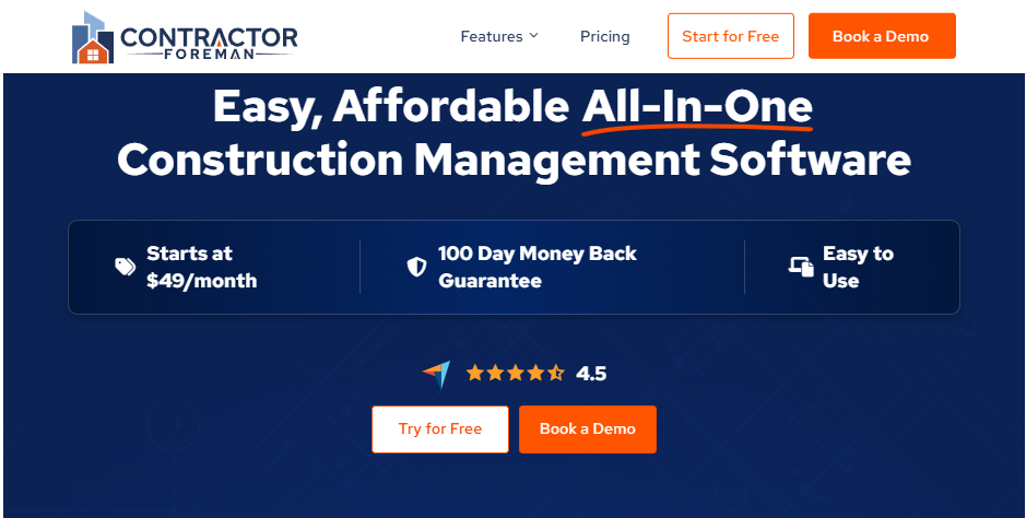 Contractor Foreman homepage promoting an affordable all-in-one construction management platform with pricing and demo options.