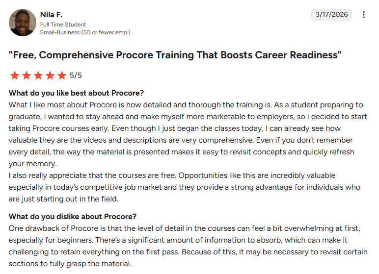 Procore review highlighting free training courses and career readiness benefits with 5-star rating from a student user.