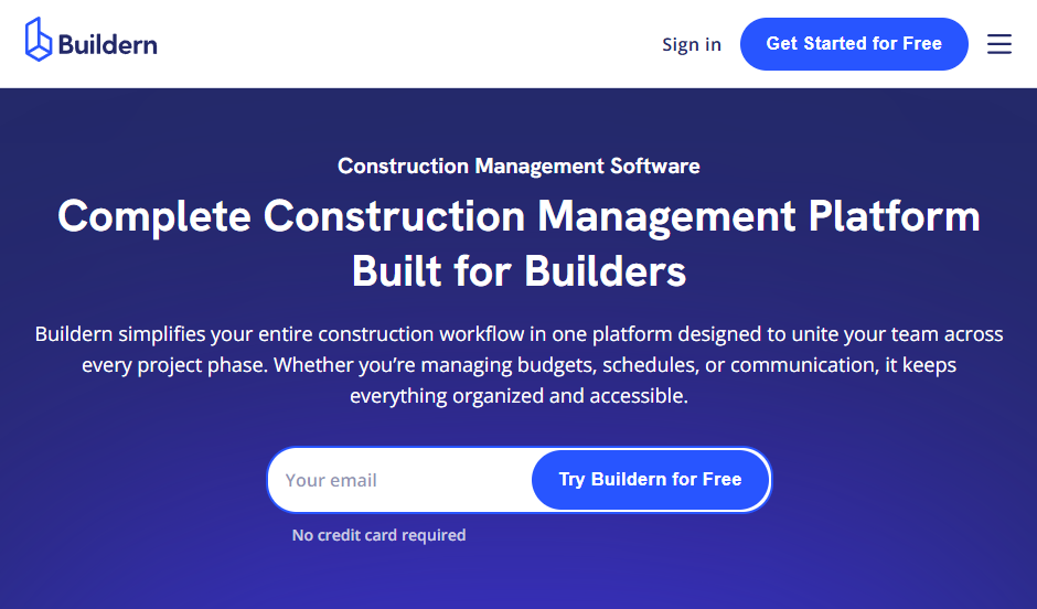 Buildern homepage showcasing a construction management platform for builders with workflow, budgeting, and scheduling tools.