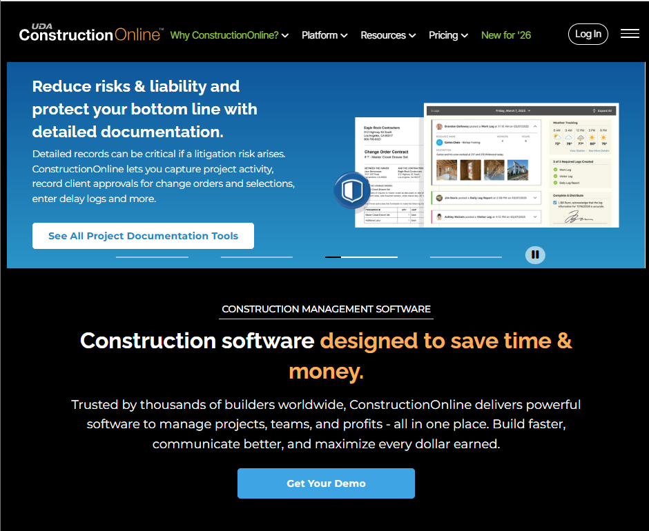 ConstructionOnline homepage emphasizing project documentation, risk management, and all-in-one construction software.