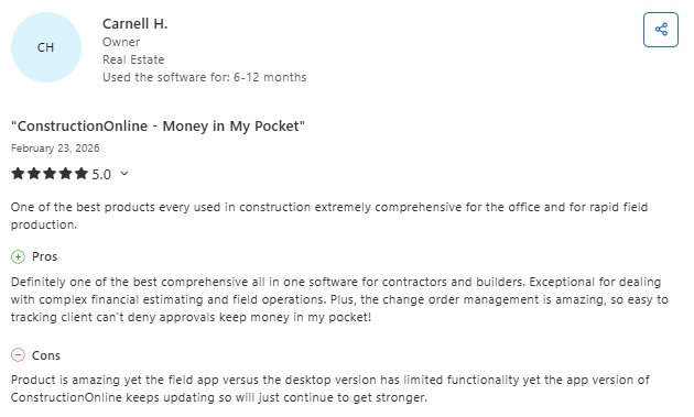 ConstructionOnline review highlighting comprehensive features, estimating tools, and change order management with 5-star rating from a real estate owner.