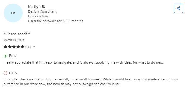 Review praising ease of use and navigation but noting higher pricing concerns with 5-star rating from design consultant