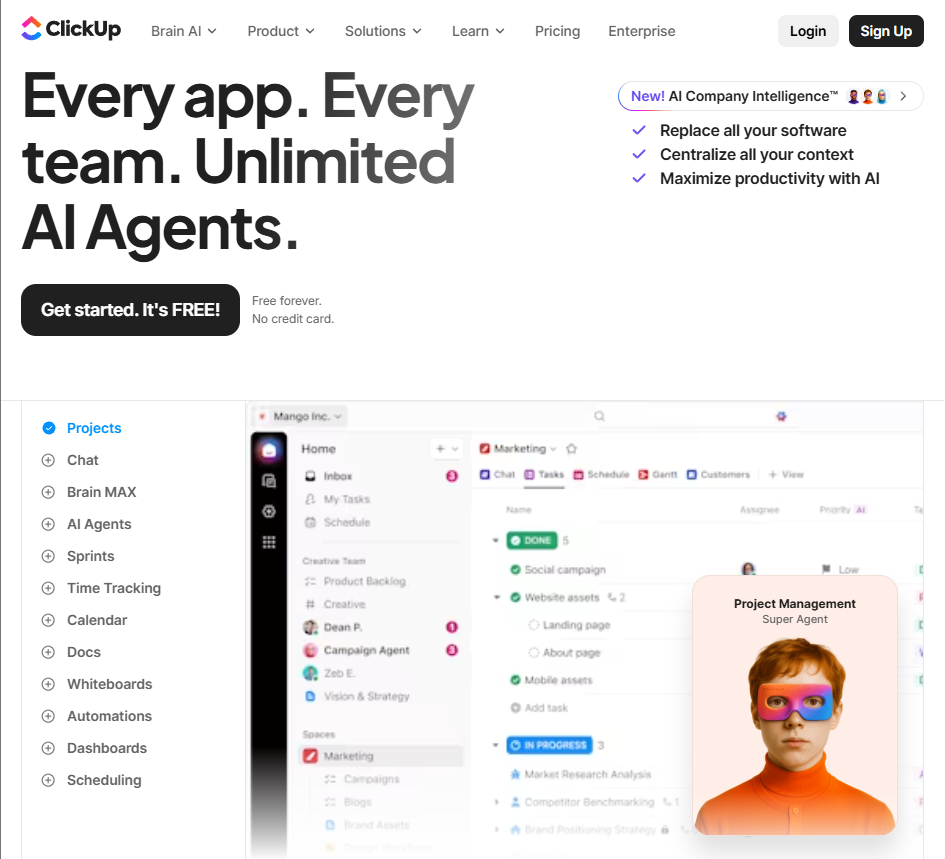 ClickUp homepage highlighting customizable project management platform with AI tools, dashboards, and workflow automation