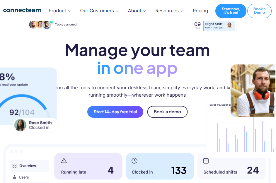 Connecteam homepage with the headline “Manage your team in one app,” text describing tools for deskless teams, buttons for a 14-day free trial and booking a demo, and dashboard visuals showing scheduling, time tracking, and team activity.