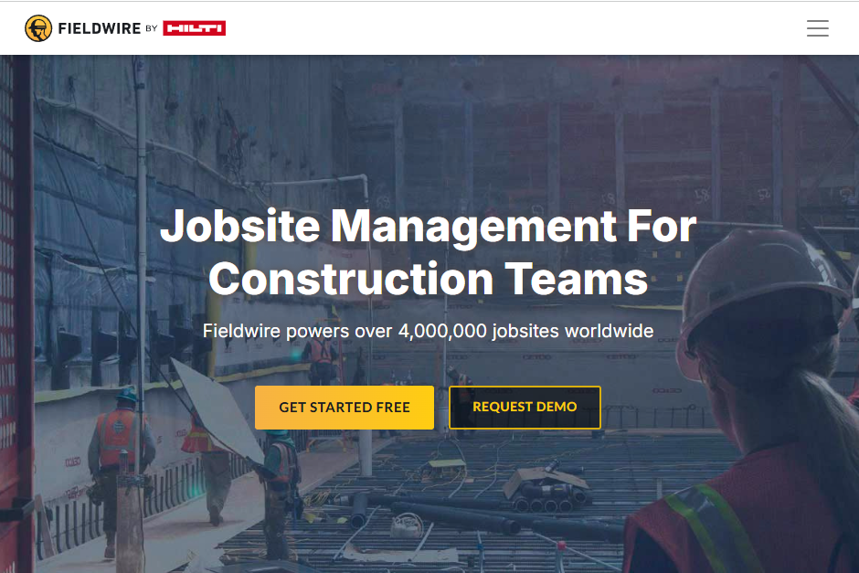 Fieldwire by Hilti homepage with the headline “Jobsite Management For Construction Teams,” text stating the platform powers over 4,000,000 jobsites worldwide, buttons for “Get Started Free” and “Request Demo,” and a background image of workers on a construction site.
