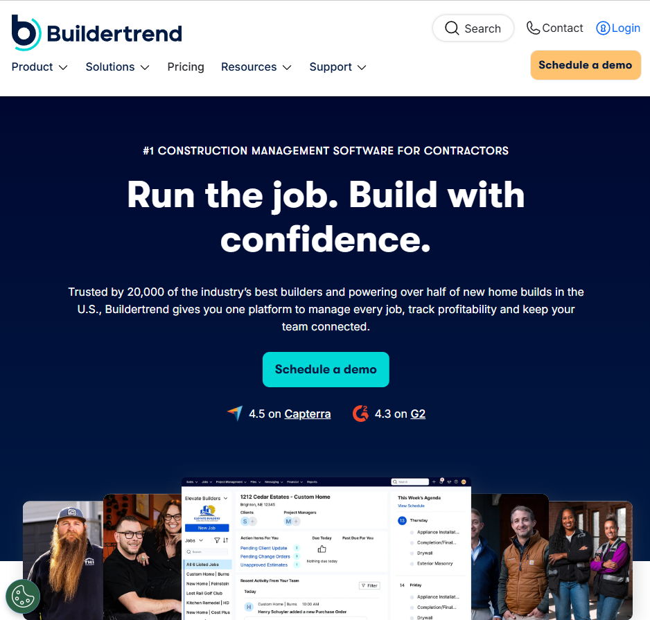 Buildertrend homepage with the headline “Run the job. Build with confidence,” text describing construction management for contractors, a “Schedule a demo” button, Capterra and G2 ratings, and images of builders alongside a platform dashboard preview.