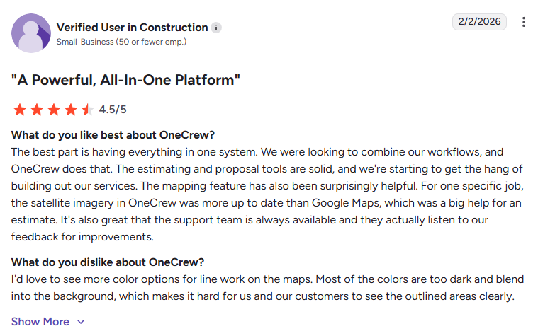 Review for OneCrew from a verified construction user at a small business, rated 4.5 out of 5 stars, titled “A Powerful, All-In-One Platform,” praising the all-in-one workflow, estimating tools, mapping feature, and responsive support, while noting a desire for more map line color options.