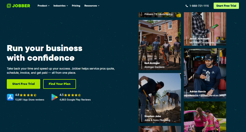 Jobber mobile website hero section with the headline “Run your business with confidence,” buttons for “Start Free Trial” and “Find Your Plan,” app store and Google Play ratings, and photos of service professionals and crews using the platform.