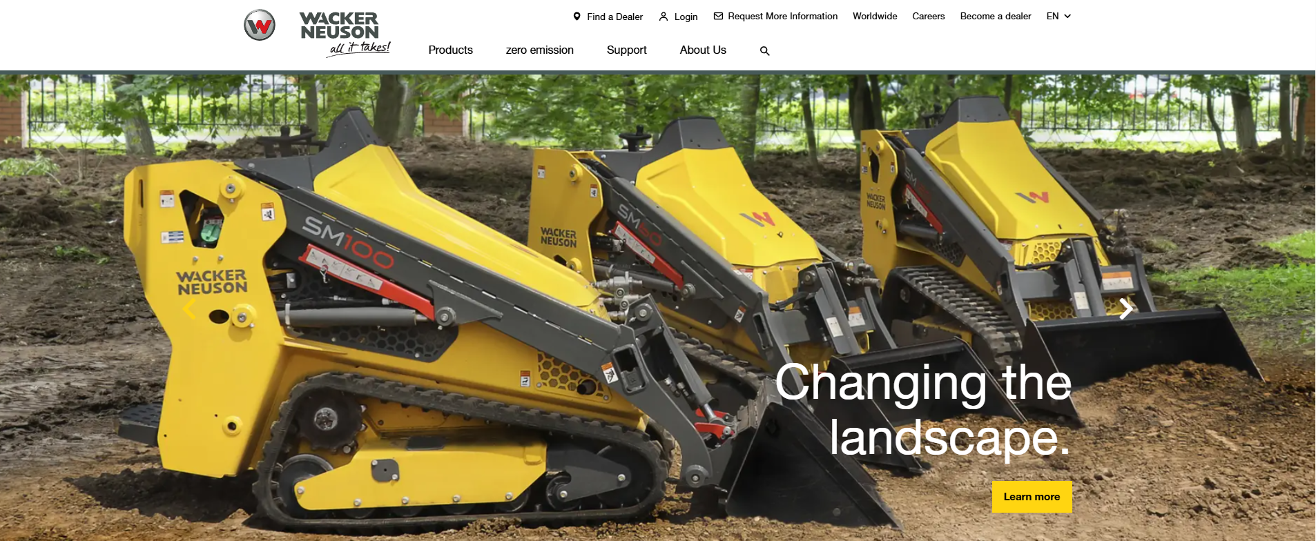 Wacker Neuson homepage banner showing three compact track loaders operating on a dirt site, with navigation links at the top and the headline “Changing the landscape,” alongside a “Learn more” button.
