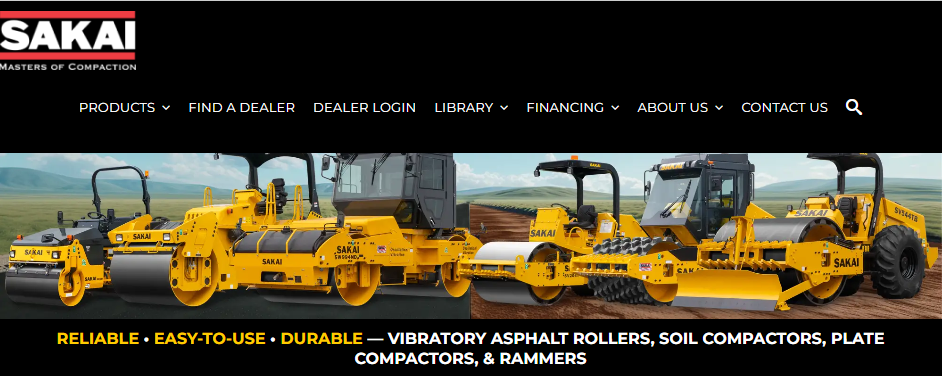SAKAI homepage banner showing multiple yellow compaction machines, including vibratory asphalt rollers and soil compactors, arranged on a job site, with navigation links at the top and the text “Reliable, easy-to-use, durable – vibratory asphalt rollers, soil compactors, plate compactors, and rammers”.