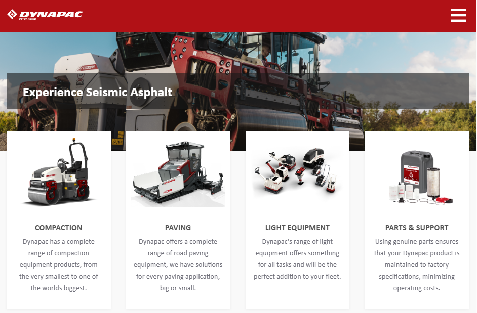 Dynapac homepage banner showing a large red asphalt compactor in operation with the headline “Experience Seismic Asphalt,” above four product categories: compaction, paving, light equipment, and parts and support, each with corresponding equipment images and descriptions.