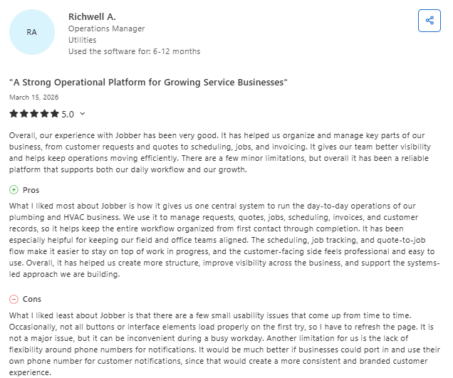 Capterra review for Jobber by an operations manager in utilities, rating it 5/5, describing it as a strong platform for managing service business operations end-to-end, improving organization, visibility, and workflow efficiency, while noting minor usability issues and limited flexibility with notification phone numbers.