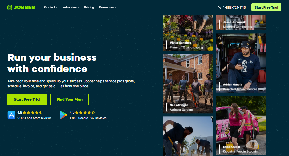 Jobber homepage with the headline “Run your business with confidence,” buttons for “Start Free Trial” and “Find Your Plan,” app store and Google Play ratings, and photos of service professionals using the platform.