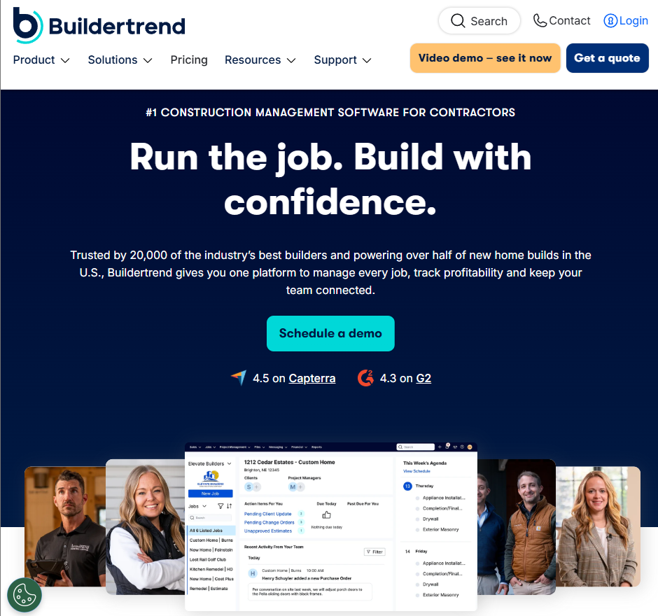 Buildertrend homepage with the headline “Run the job. Build with confidence,” text describing construction management for contractors, a “Schedule a demo” button, Capterra and G2 ratings, and images of builders around a platform dashboard preview.