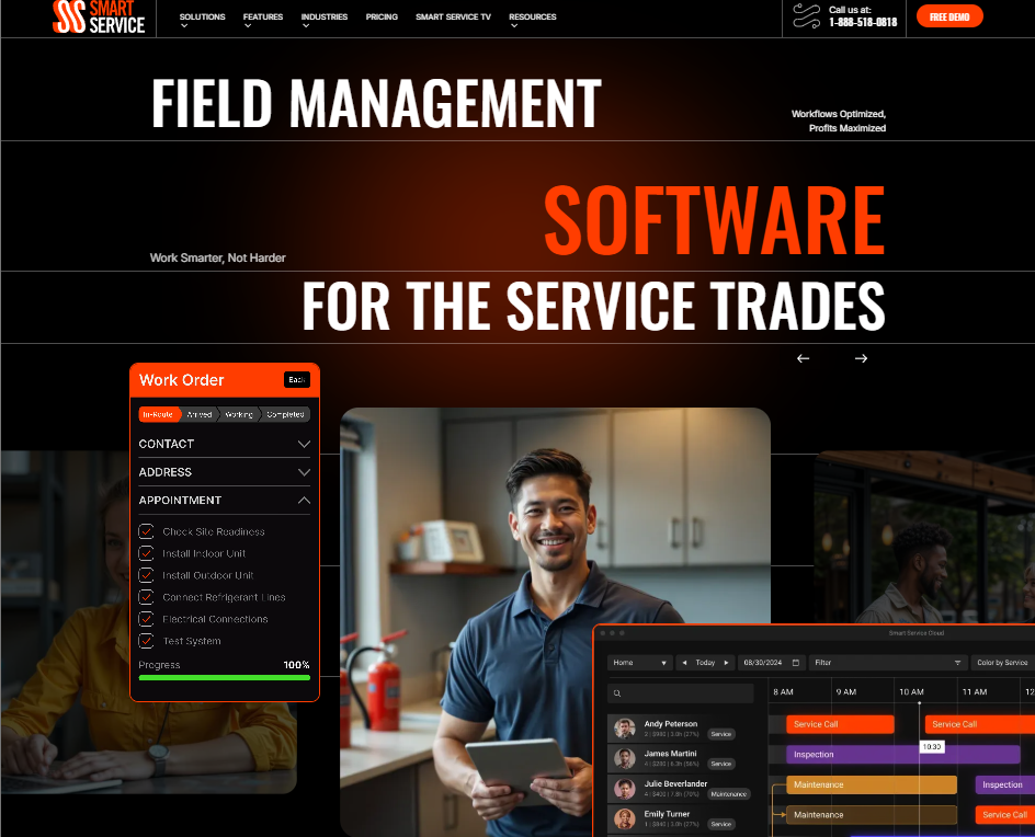 Smart Service homepage with the headline “Field Management Software for the Service Trades,” dark-themed visuals of work orders, scheduling, and technician tools, plus a hero image of a service professional holding a tablet.