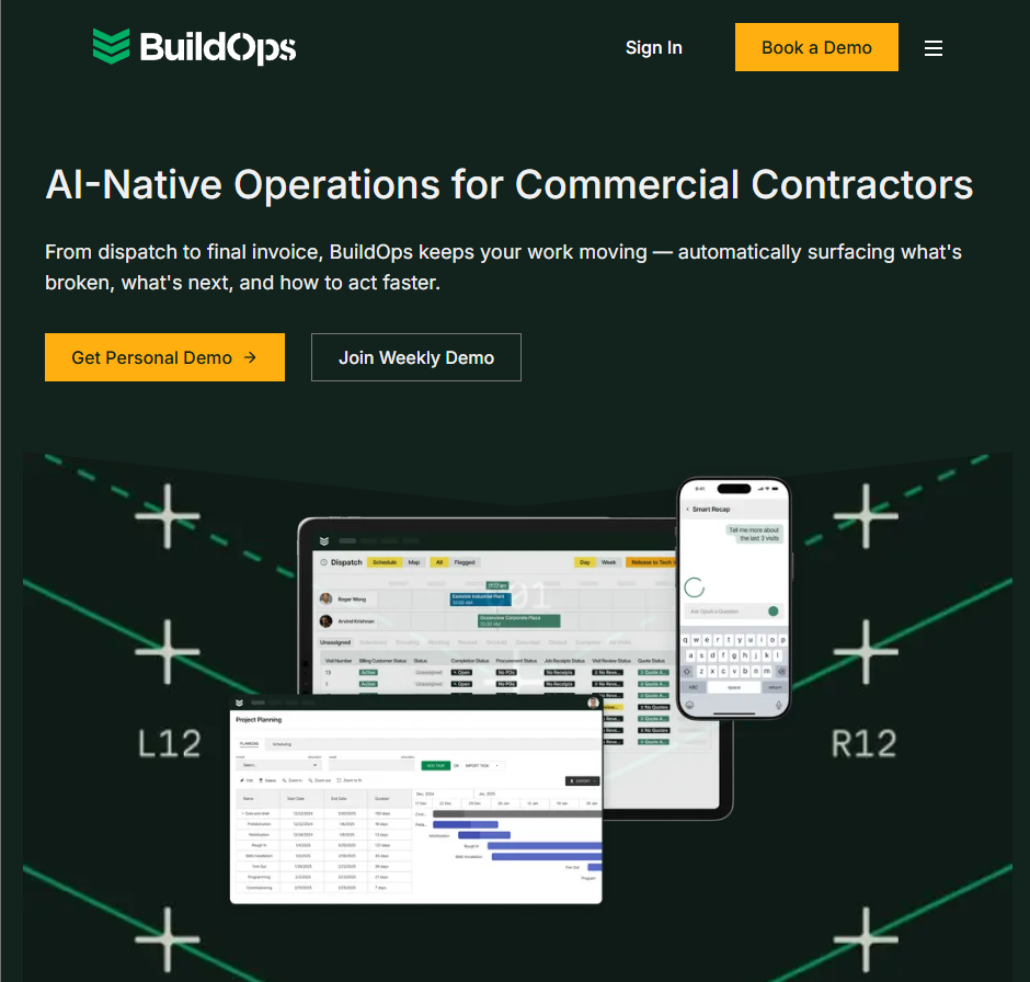 BuildOps homepage with the headline “AI-Native Operations for Commercial Contractors,” text about dispatch through final invoice, buttons for “Get Personal Demo” and “Join Weekly Demo,” and product visuals showing scheduling and project planning screens.