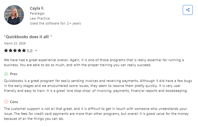 Screenshot of a user review for QuickBooks by Cayla F., a paralegal in law practice, rating the software 5.0 stars and stating “QuickBooks does it all.” The review highlights pros such as easy invoicing, payments, and reporting, and cons, including limited customer support and higher credit card processing fees.