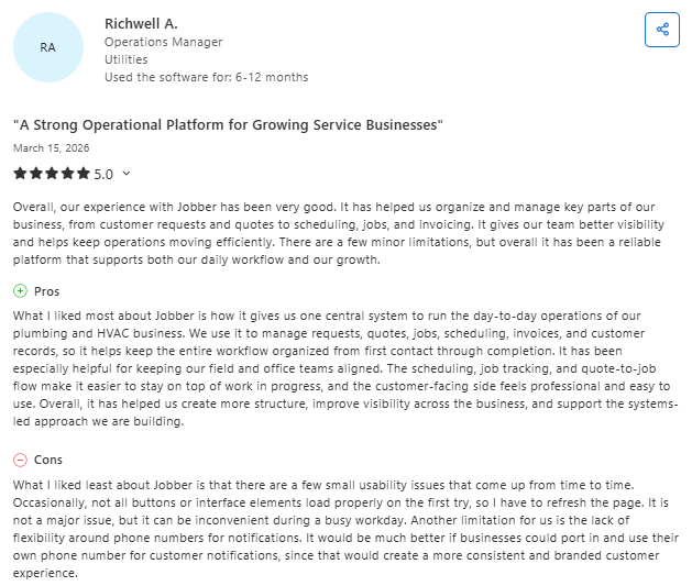 Screenshot of a 5.0-star user review for Jobber by Richwell A., an operations manager in the utilities industry, titled “A Strong Operational Platform for Growing Service Businesses.” The review praises Jobber for organizing workflows like scheduling, quoting, and invoicing, with pros highlighting improved visibility and efficiency, and cons mentioning minor usability issues and limited notification flexibility.