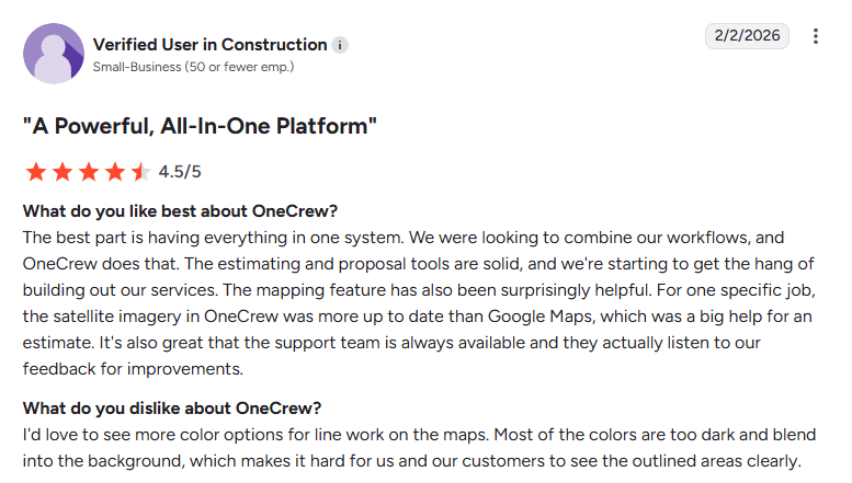 G2 review for OneCrew from a verified construction user, rated 4.5 out of 5 stars, titled “A Powerful, All-In-One Platform,” praising the platform’s all-in-one workflow, estimating and proposal tools, mapping feature, and responsive support team.