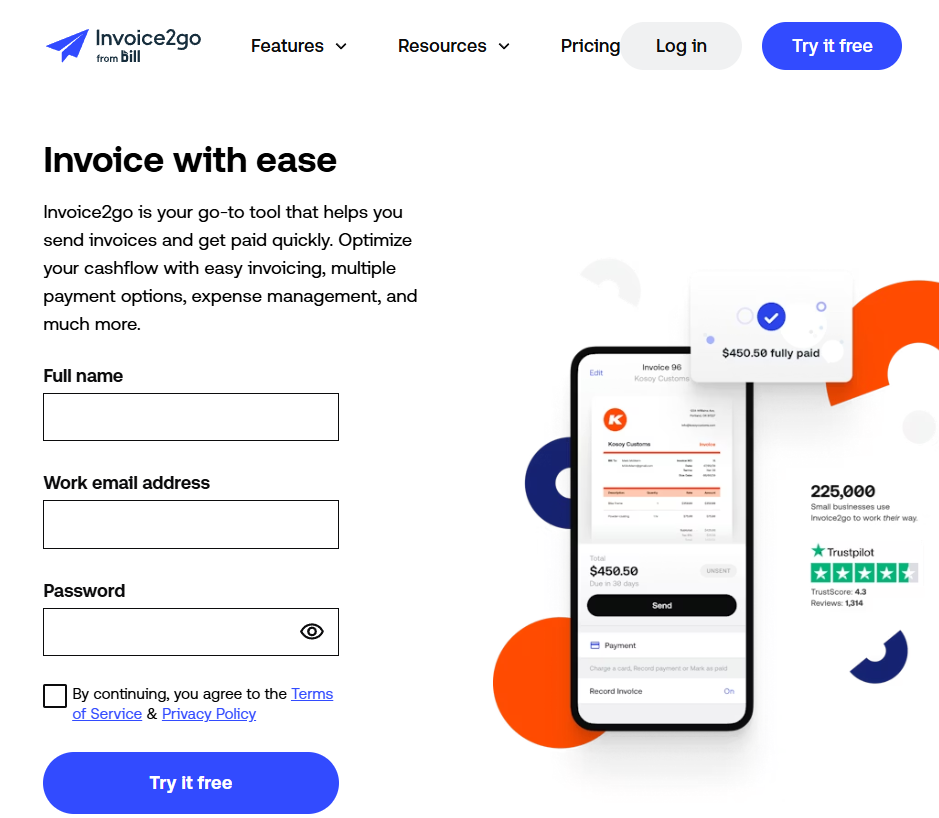 Invoice2go sign-up page with the headline “Invoice with ease,” a registration form for name, work email, and password, a “Try it free” button, and a phone mockup showing an invoice and payment confirmation.