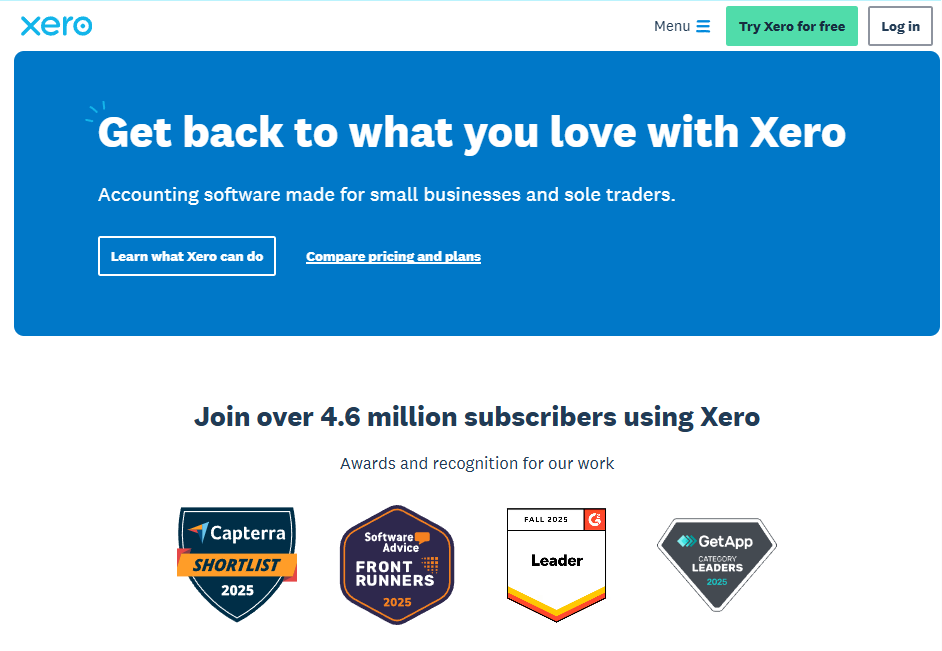 Xero mobile website homepage with the headline “Get back to what you love with Xero,” buttons to learn about features and compare pricing, and award badges below highlighting recognition from Capterra, Software Advice, G2, and GetApp.