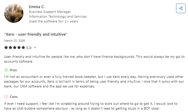 Screenshot of a 5.0-star user review for Xero by Emma C., a business support manager in IT services, titled “Xero – user-friendly and intuitive.” The review highlights ease of use for non-accountants and strong integrations as pros, while noting difficulty accessing support and lack of a clear help chat as a con.