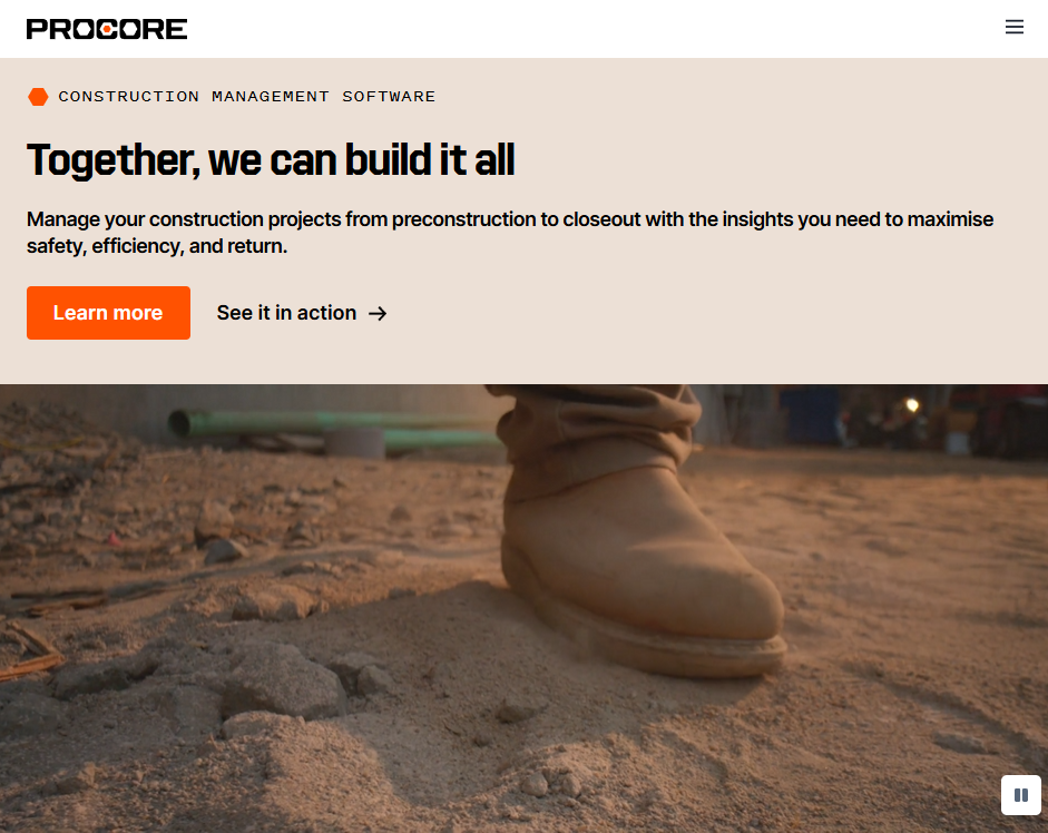 Screenshot of the Procore homepage promoting construction management software, featuring the headline “Together, we can build it all,” with a call-to-action to learn more or see it in action, and a background image of a construction worker’s boot stepping on a job site.