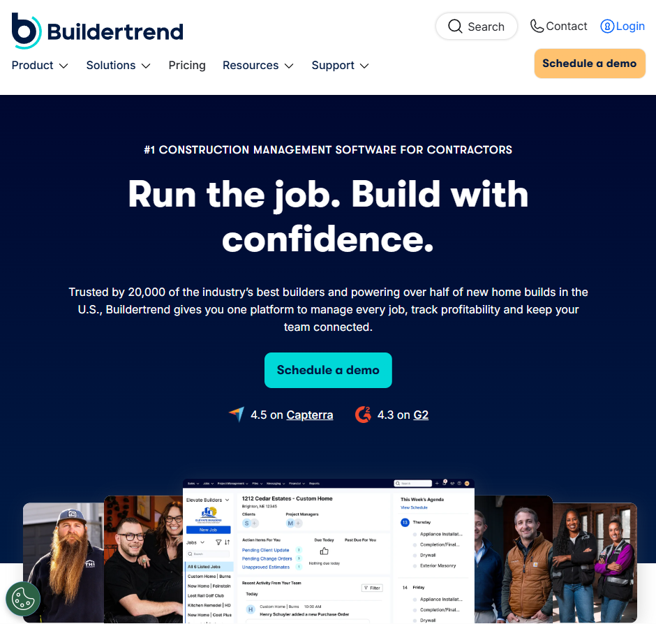 Buildertrend homepage with the headline “Run the job. Build with confidence,” text describing construction management for contractors, a “Schedule a demo” button, Capterra and G2 ratings, and images of builders around a platform dashboard preview.