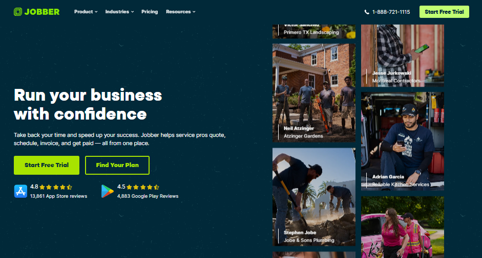 Jobber mobile website hero section with the headline “Run your business with confidence,” buttons for “Start Free Trial” and “Find Your Plan,” app store and Google Play ratings, and photos of service professionals using the platform.