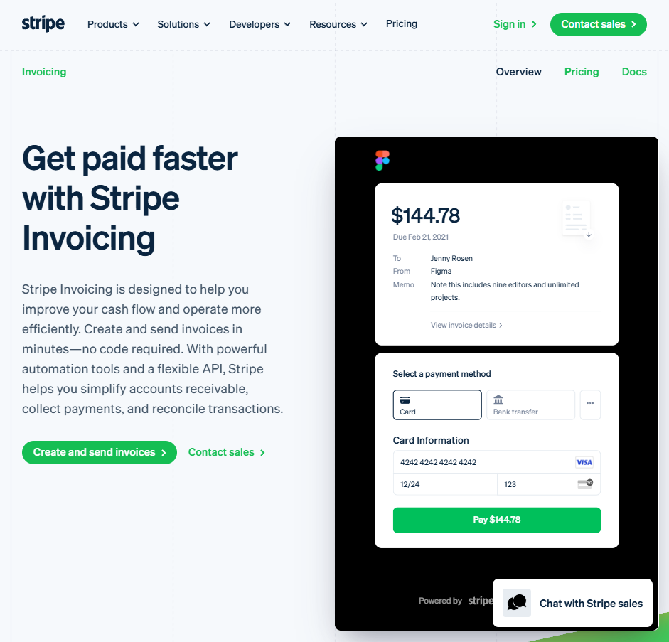 Stripe Invoicing product page with the headline “Get paid faster with Stripe Invoicing,” text describing invoice automation and cash flow tools, buttons to create and send invoices or contact sales, and a payment confirmation mockup on the right.