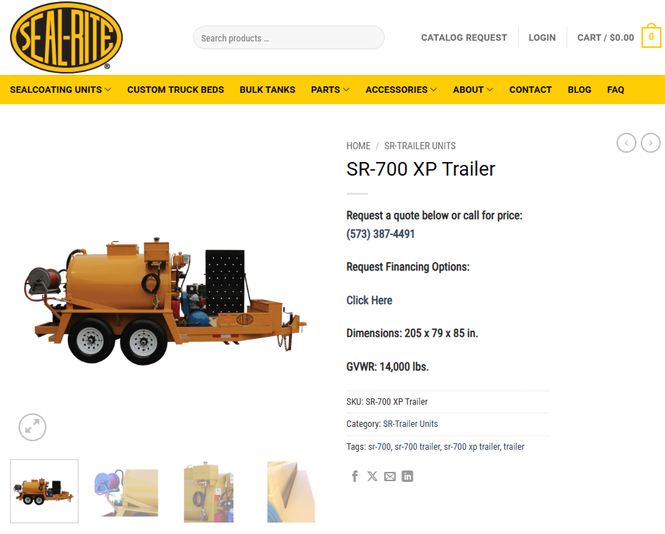 Seal-Rite SR-700 XP trailer-mounted sealcoating unit with tank and equipment displayed on product page.