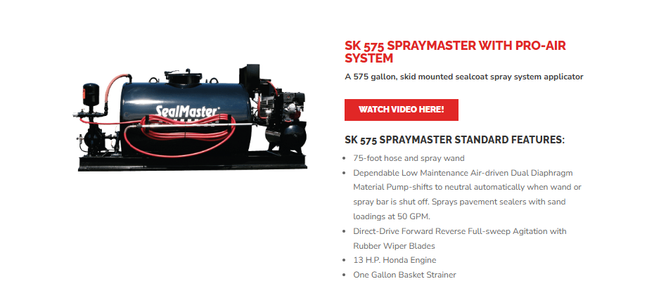 SealMaster SK 575 SprayMaster skid-mounted sealcoat spray system with tank, hoses, and engine, shown on product page.