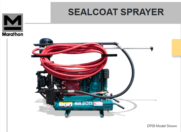 Marathon sealcoat sprayer with coiled hose, engine, and compressor unit displayed on product graphic.