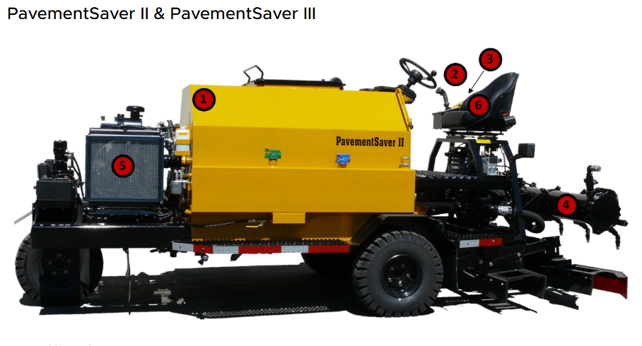 PavementSaver sealcoating machine with labeled components, including tank, engine, seat, and spray system.