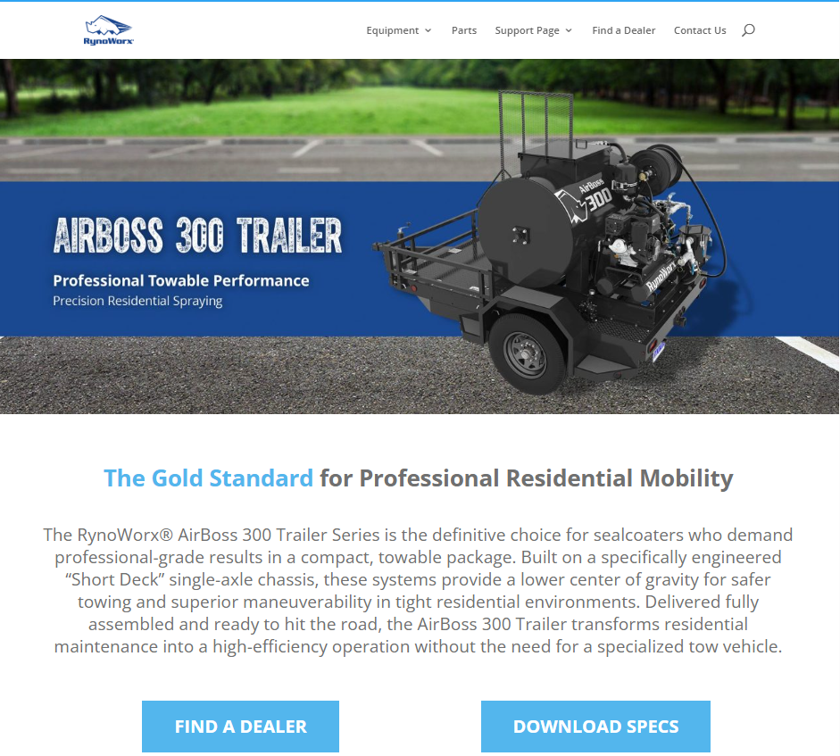RynoWorx AirBoss 300 trailer-mounted sealcoating system shown on landing page with product overview text.