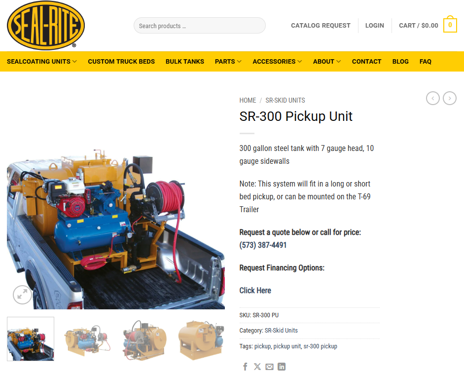 Seal-Rite SR-300 pickup-mounted sealcoating unit with tank, hose reel, and engine installed in truck bed.