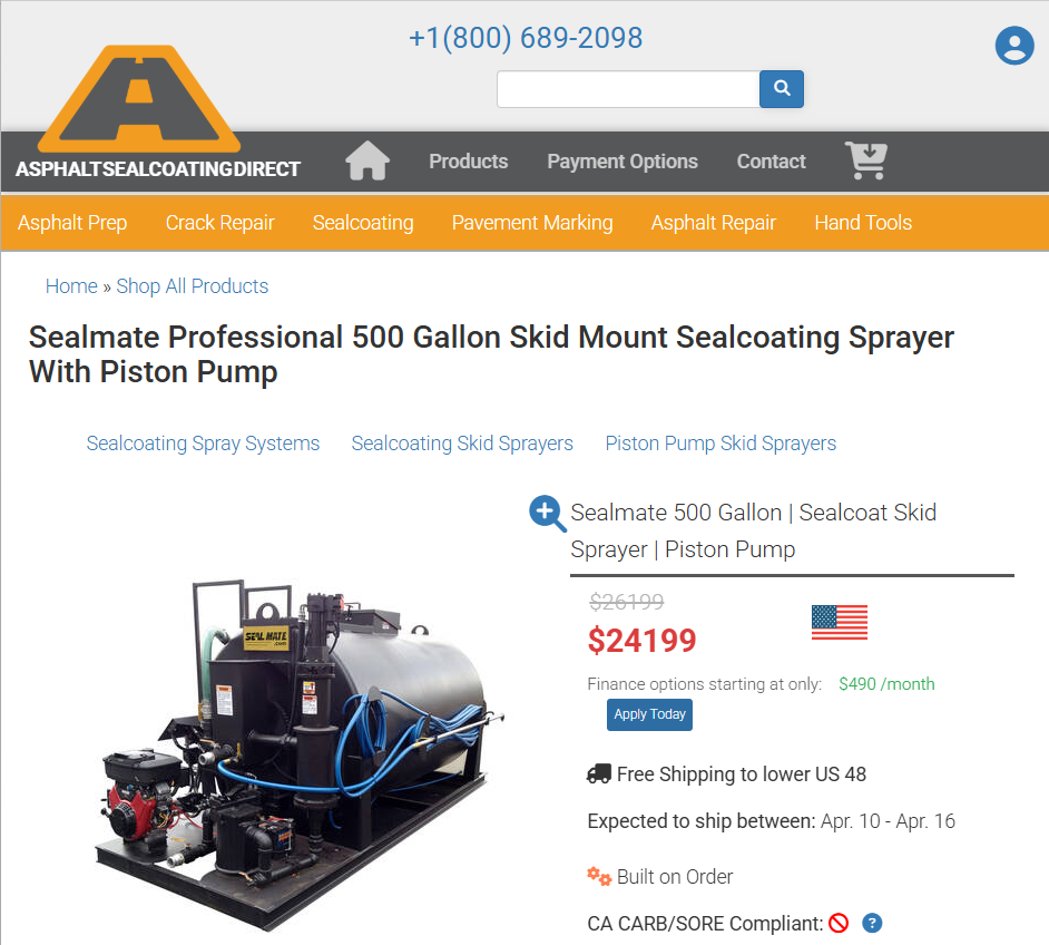 Sealmate 500-gallon skid-mounted sealcoating sprayer with piston pump, tank, hoses, and engine on product page.