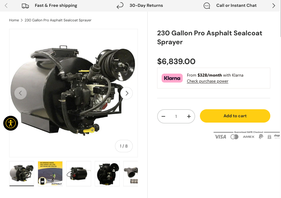 230-gallon pro asphalt sealcoat sprayer with tank, hose reel, and engine mounted on frame, shown on product page.