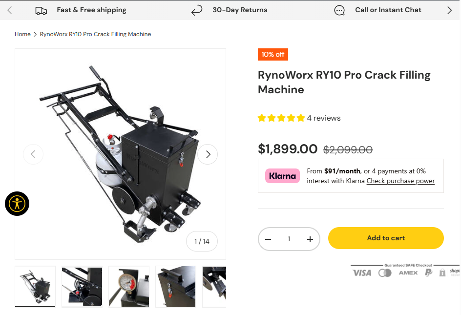 RynoWorx RY10 Pro crack-filling machine with wheeled frame, handle, and melting kettle shown on product page.