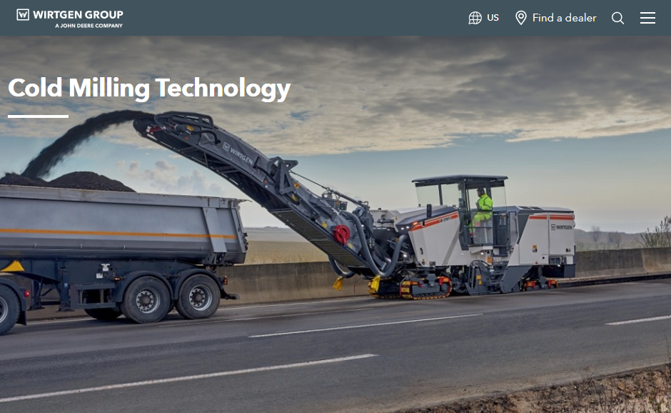Wirtgen Group website header showing a cold milling machine removing asphalt from a highway and loading it into a truck.