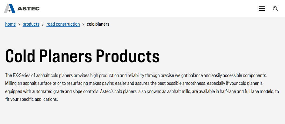 Astec website page for cold planer products with headline, navigation breadcrumbs, and a description of asphalt milling equipment.