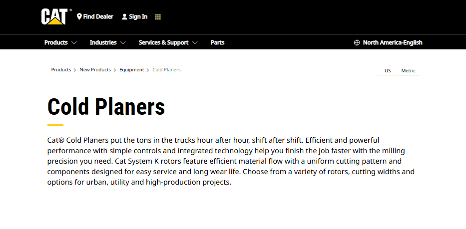 Caterpillar website page for cold planers with product description, navigation menu, and options for US and metric settings.