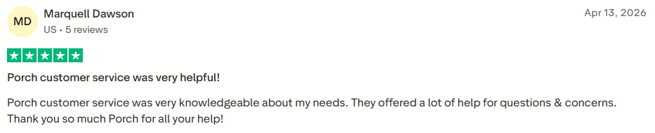Trustpilot review showing a 5-star rating for Porch, highlighting helpful and knowledgeable customer service that addressed user questions and concerns.