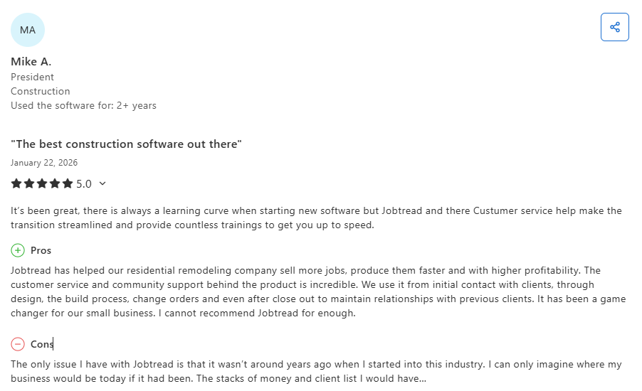 Customer review from Mike A., a construction company president, giving JobTread a 5.0 rating, praising its impact on profitability, client management, and customer support, with minor mention of an initial learning curve.