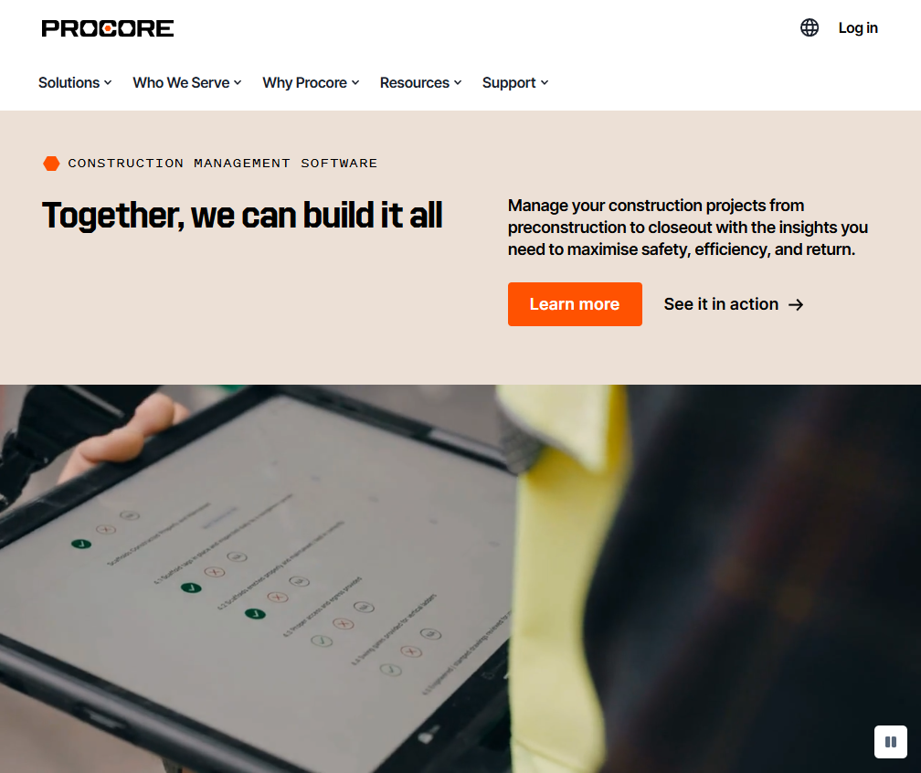 Screenshot of the Procore homepage promoting its construction management software platform, featuring messaging about managing projects from preconstruction to closeout alongside a tablet interface being used on an active construction site.