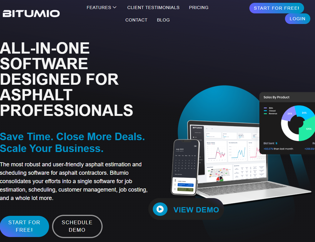 Screenshot of the Bitumio homepage promoting its all-in-one asphalt estimating and scheduling software, featuring messaging about helping asphalt contractors manage estimating, scheduling, customer management, and job costing alongside dashboard previews on desktop and mobile devices.