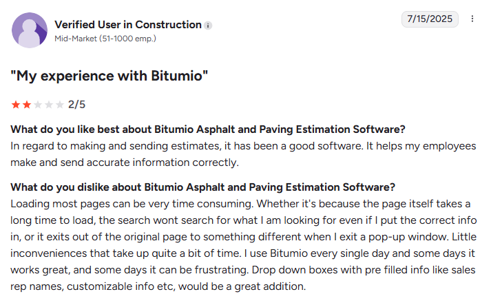 G2 review from a verified mid-market construction user giving Bitumio Asphalt and Paving Estimation Software a 2-star rating and praising its estimating capabilities for creating accurate proposals, while criticizing slow page loads, unreliable search functionality, and workflow interruptions during daily use.