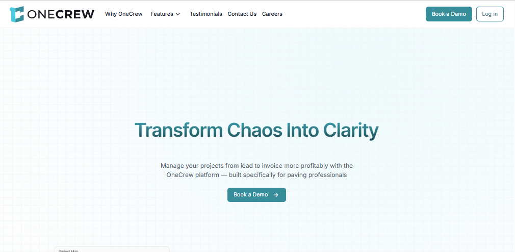 Screenshot of the OneCrew homepage promoting its paving-focused construction workflow platform, featuring messaging about managing projects from lead to invoice more profitably with tools built specifically for paving professionals.